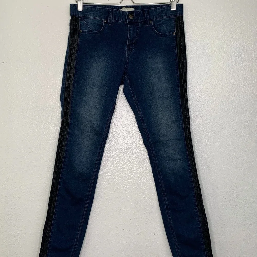 Free People Vegan Leather Trim Blue‎ Skinny 5 Pocket Aquatic Blue Sz 29